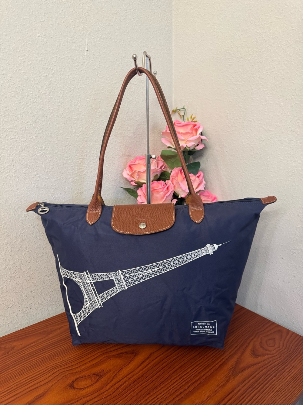 Longchamp Navy Tote with White Eiffel Tower and Brown Handles